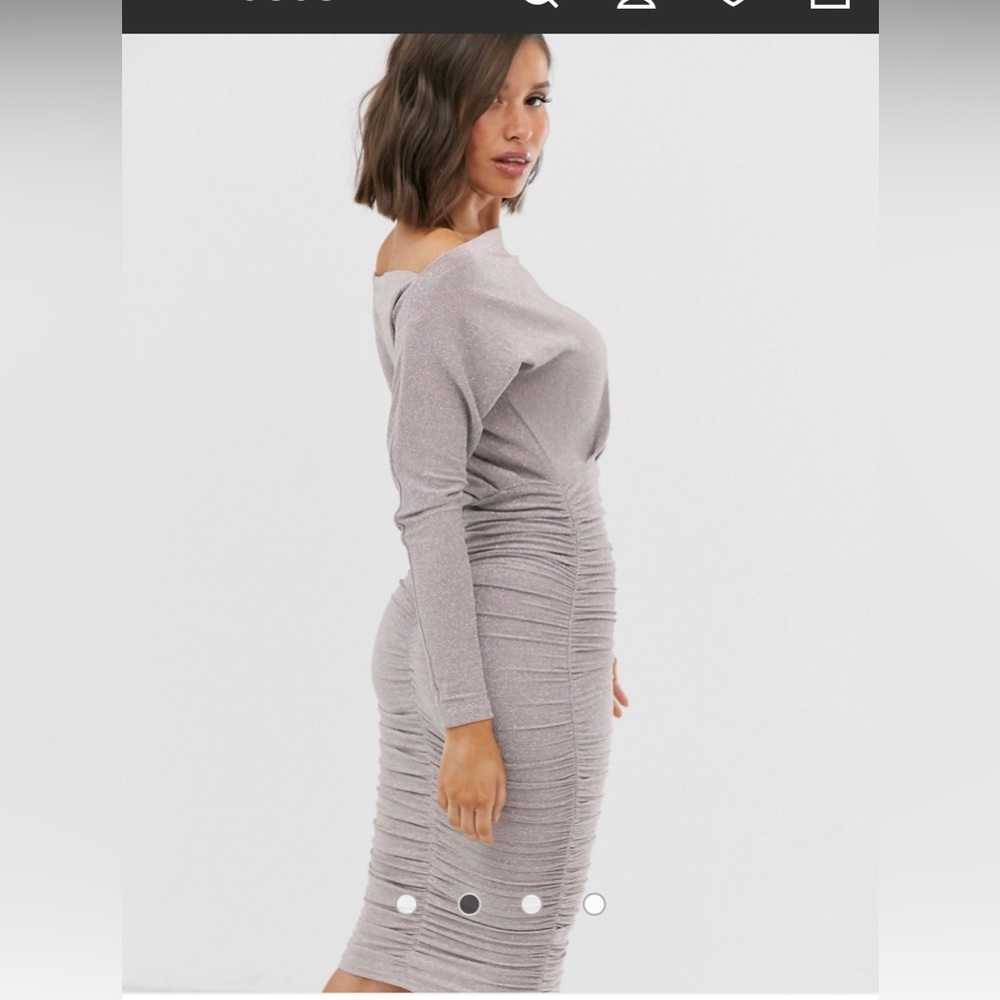Scarlett Rocks Bardot neck ruched mini dress in taupe Glitter Size UK14 Fitted - Picture 3 of 10